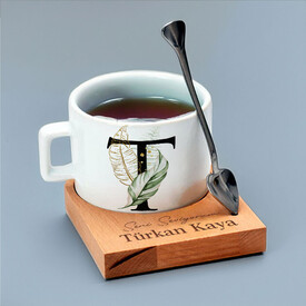  - Kişiye Özel T Harfli Lüks Kaşıklı Çay Fincanı